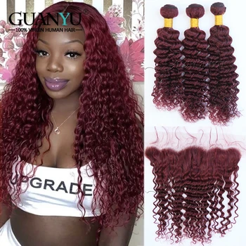 

99J Curly 3 Bundles with Frontal 13X4 Ear to Ear Red Human Hair Deap Weave Brazilian Remy Pre plucked with Baby Hair