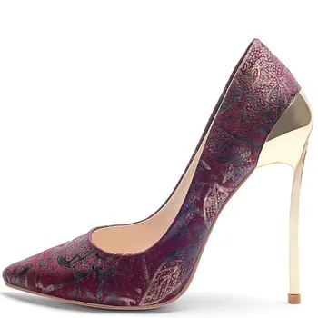 

YECHNE women High heels Shoes Sexy heels Female Punch Shoes Stiletto Plus Size Yellow Red Hooks Pumps Metal decoration