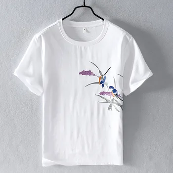 

Chinese Style Embroidery Short Sleeve T-Shirt Men's Casual White Cotton Linen Splice Tops Fashion Summer T shirt Y2790