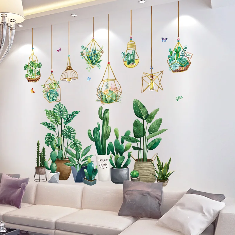 Green Plant Wall Stickers DIY Potted Culture Mural Decals for Living Room Bedroom Kitchen Nursery House Decoration Accessories | Дом и сад