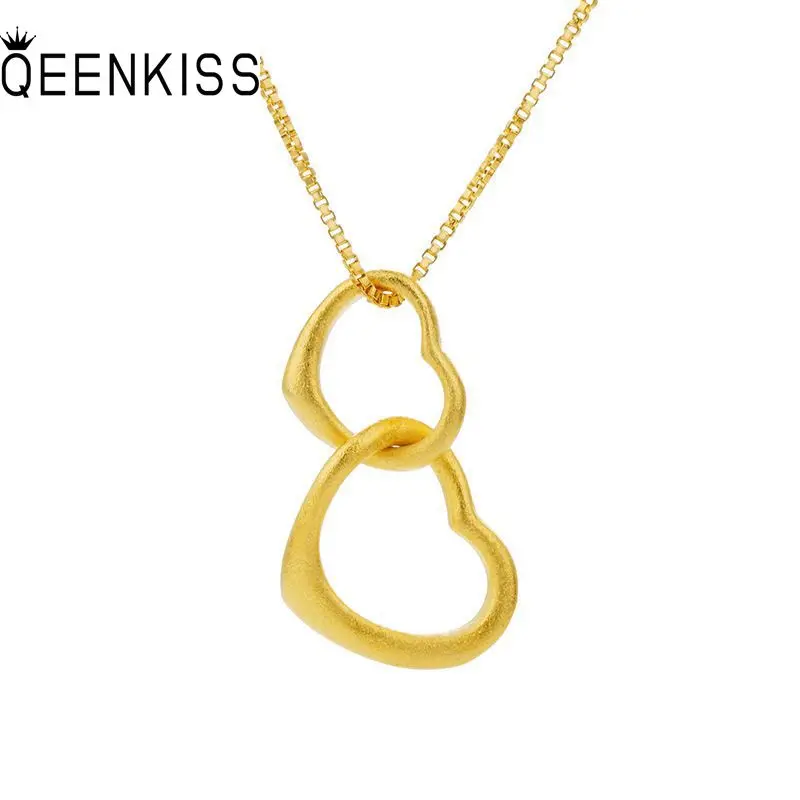 

QEENKISS 24KT Gold Heart Necklace Pendant For Women Fine Wholesale Jewelry Wedding Party Bride Ladies Girl Gift NO CHAIN PT506