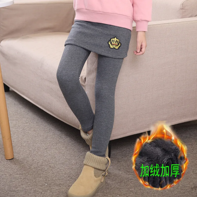 Childrenswear Girls Children Autumn And Winter Cotton plus Thick Velvet Mock Two-Piece Culottes Leggings Warm Pants Fashion