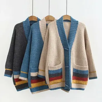 

Big Size Women's Sweater Autumn New Skinny Horn Button Contrast Color Cardigan Sweater Coat