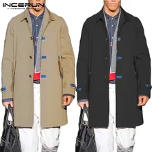 INCERUN, корейская мода, мужской однотонный Тренч с отворотом, длинный рукав, куртки, повседневный тренд, Джокер, Мужская однобортная ветровка, пальто