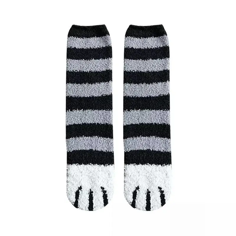 Женские зимние пушистые теплые носки-тапочки; милые чулочно-носочные изделия с принтом в виде кошачьих лап - Цвет: 1