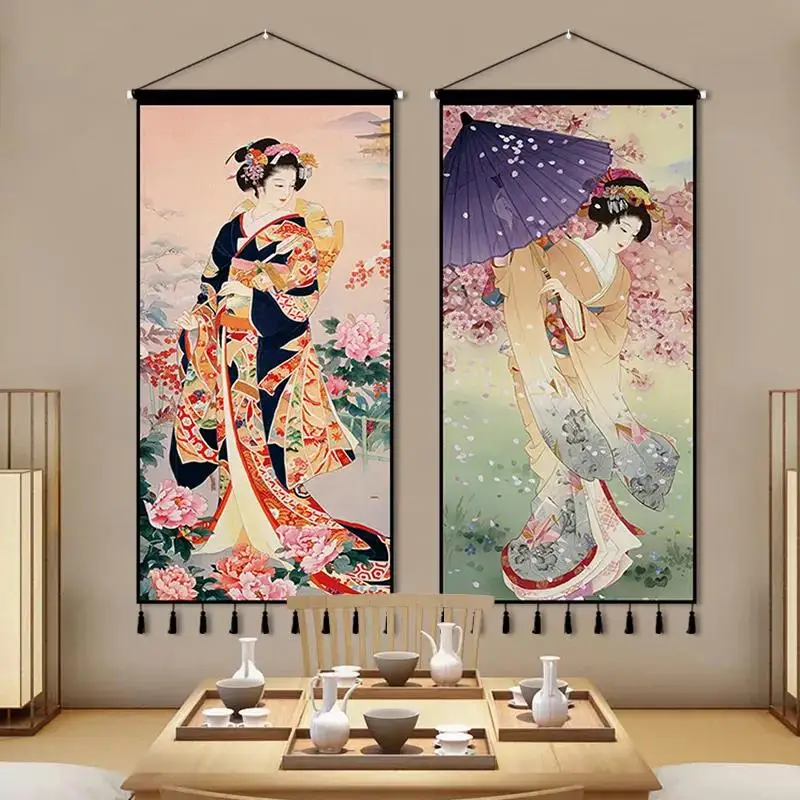 

Japanese Ukiyoe Scroll Painting Maid Canvas Posters Anime Art Painting Print Pictures Wall for Living Room DecorWall Tapestry