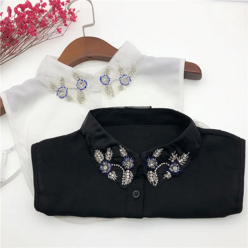 

Summer Thin White Black Fake Collar for Women Shirt Handmade Beads Detachable Collar Kraagie Nep Tie Blouse False Collar