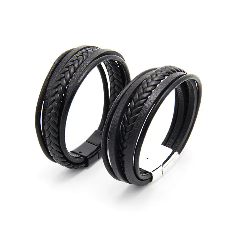 Men Multilayer Leather Bracelet Magnetic-clasp Cowhide Braided Multi Layer Wrap Bangles,bracelet jewelry