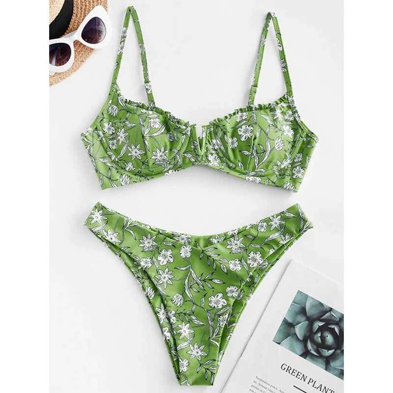 Floral Print Swimwear Vintage Retro Swimsuit Sexy Underwire Bikini Push Up Summer High Cut Backless V Neck Biqiuni Lady | Женская одежда