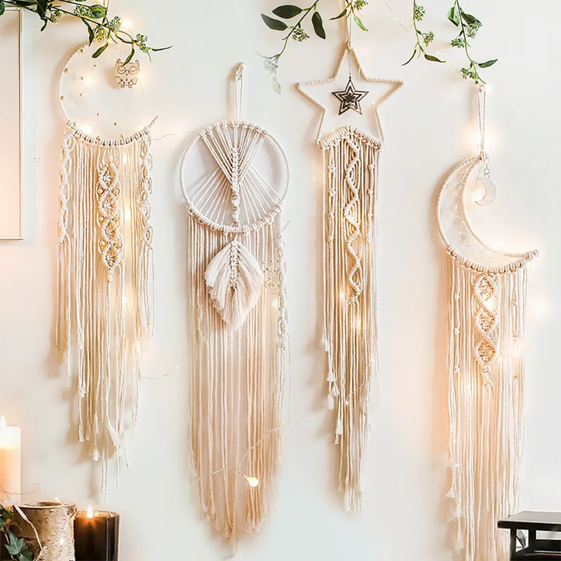 Tapiz de macramé de Luna y Estrella, decoración de pared de macramé con hojas, decoración de pared de macramé, regalo para decoración de dormitorio de granja