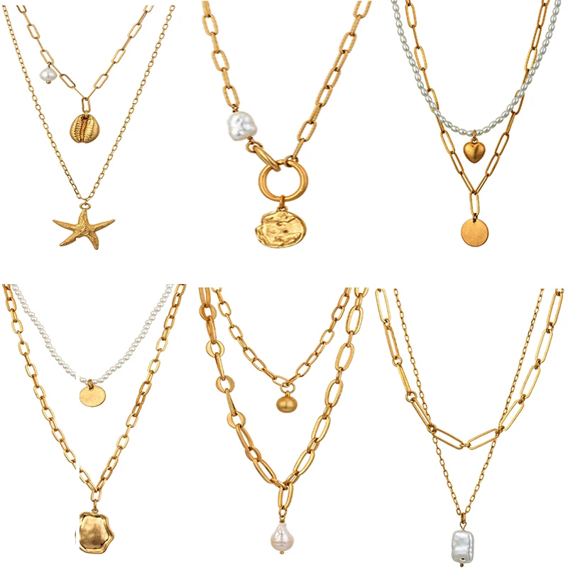 Vintage Multilayer Pearl Pendant Necklace for Women Stainless Steel Charm Choker Necklaces Boho Jewelry Christmas Gift