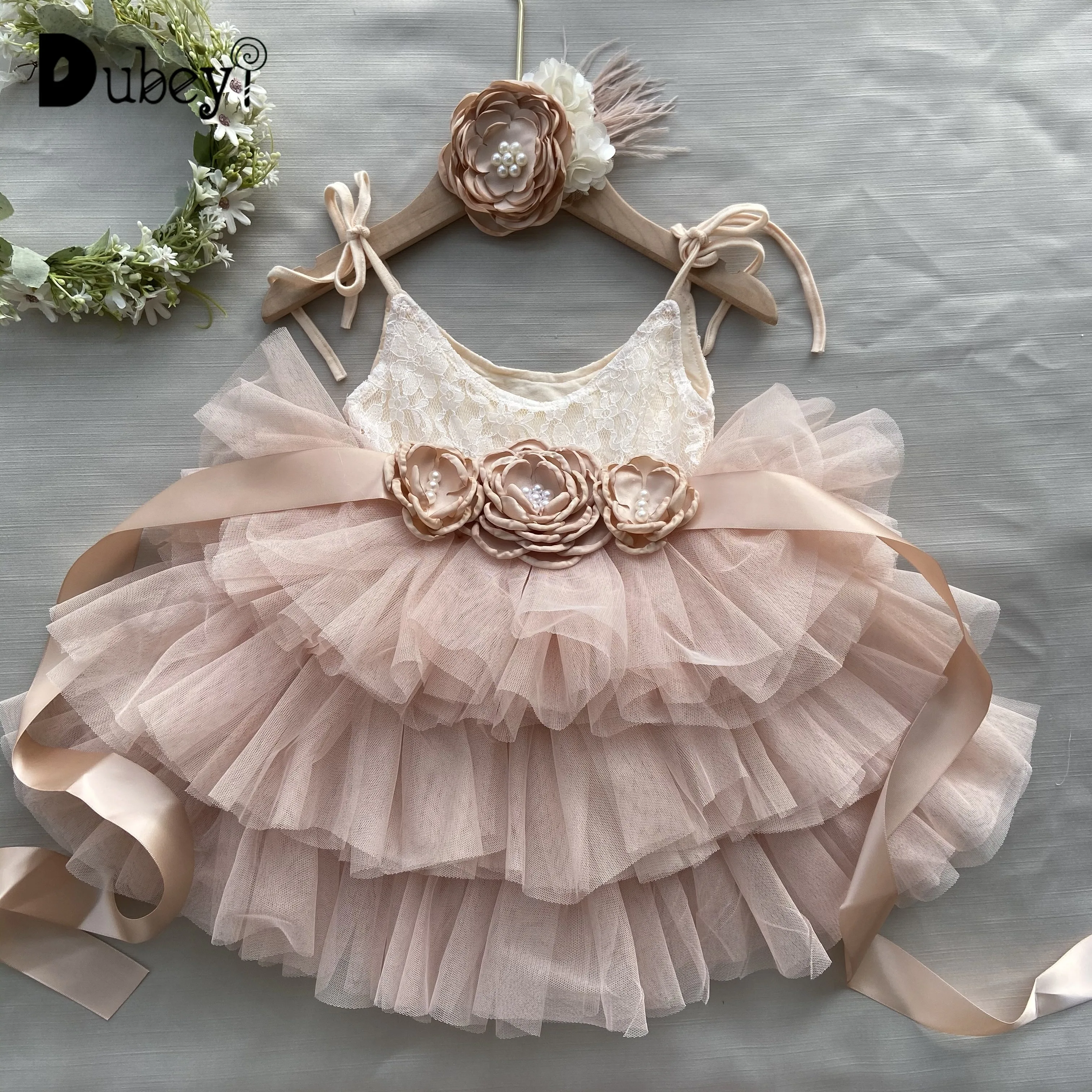 

Toddler Baby Girls 1st Birthday Dress for Kids Flowers Belt Headbow for Wedding Outfit Set Children Princess Costume