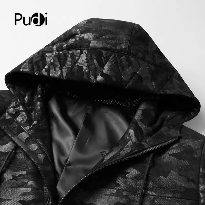 Pudi MT906 Новая модная мужская куртка из натуральной овечьей кожи камуфляжная Длинная кожаная куртка с капюшоном зимняя теплая верхняя одежда