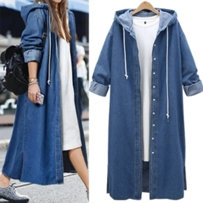

Female Trench Coat 2019 Autumn New Loose Solid Color Large Size Hooded Denim Coat Long Paragraph Women's Windbreaker