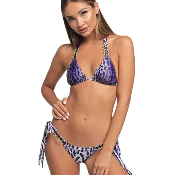 

2020 New Women Sexy Bikini Set Two Pieces Crystal Diamond Shine Bathing Suit Bandage Backless Swimsuit Leopard Print Swimwear