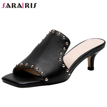 

SARAIRIS Thin Med Heels Dress Mules Women Summer Rivet Decorating Mules Ladies Fashion Genuine Leather Shoes