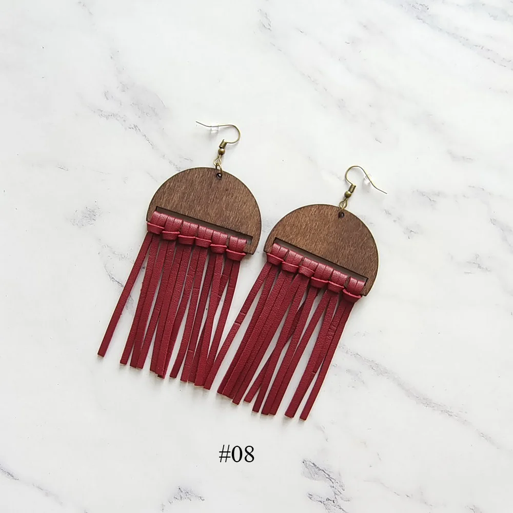 Bohemian Navajo Styles Half Moon Shape Wooden Frame Burgundy Suede Earrings Tassels For Women Daily Life | Украшения и аксессуары