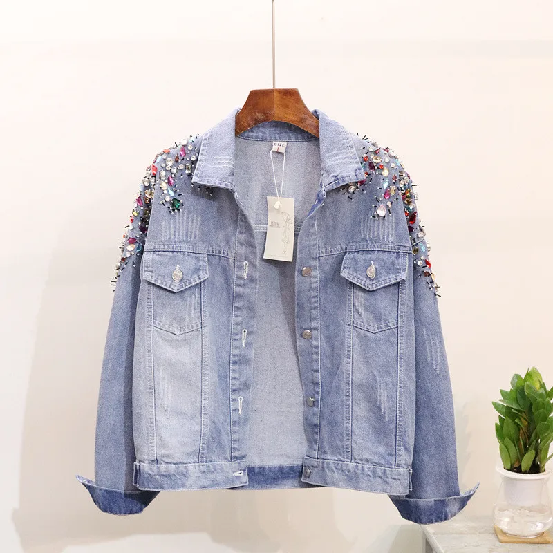 

Spring Autumn Fashion Beading Diamond Denim Jacket For Women Loose Short Long sleeve Jeans Jacket Female Outwear Chaqueta Mujer