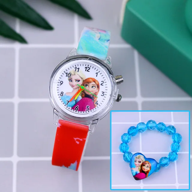 Fashion Cartoon Flash Light Girls Watches Kids with Bracelet Silicone Strap Princess Elsa Children Watches Clock reloj infantil Red with Bracelet