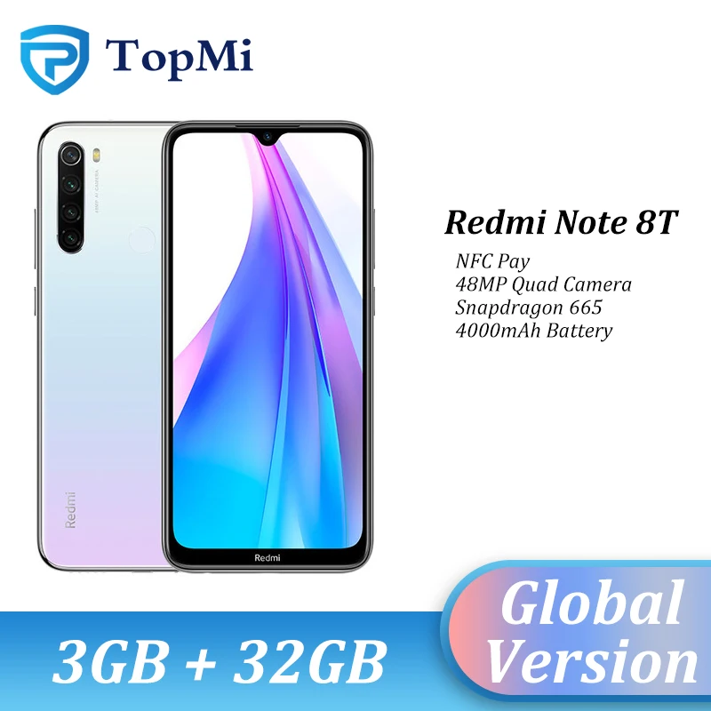 In stock!Global Version Xiaomi Redmi Note 8T 3GB RAM 32GB ROM Smartphone 48MP Quad Camera NFC Snapdragon 665 6.3" FHD+ Cellphone