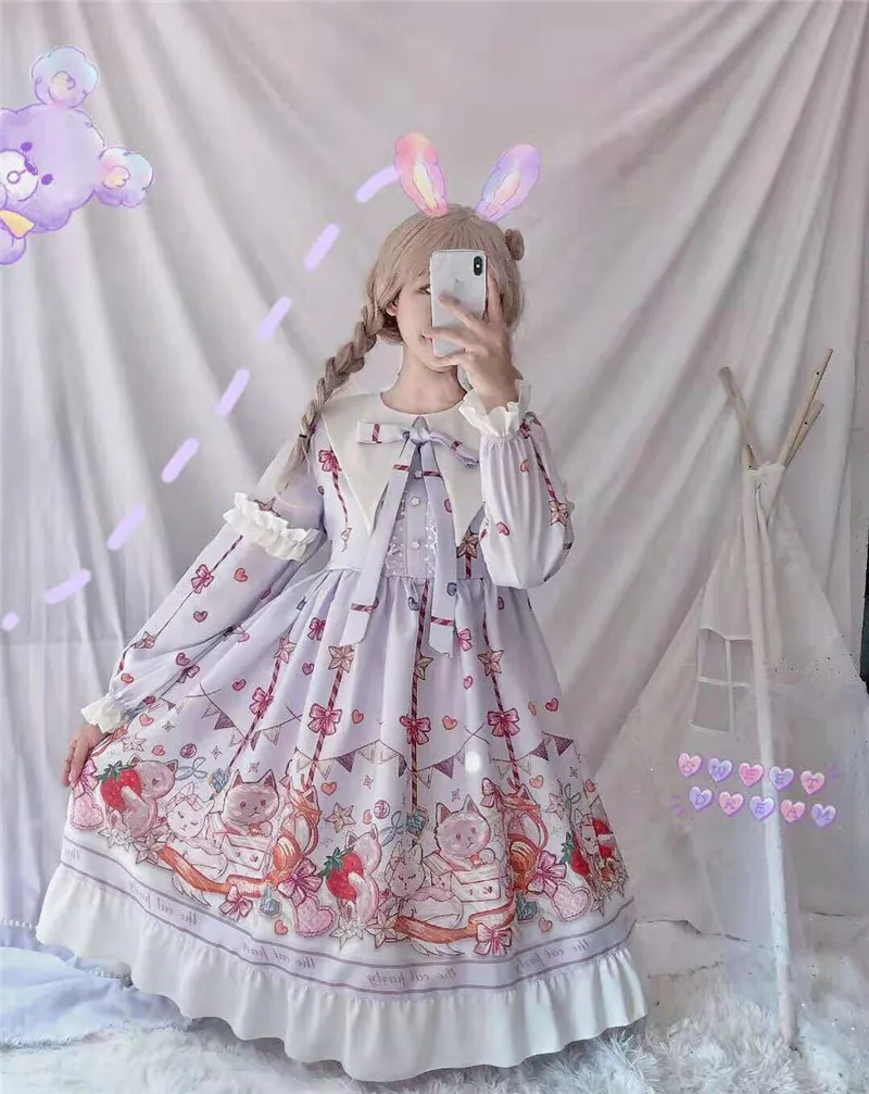 

Lolita Cat Party Big Skirt Op Long-Sleeved Dress Spring and Autumn Models renaissance gothic lolita sweet dress