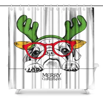 

Funny Christmas Pug Dog in Mask Santa's Antler Reindeer and Glasses Waterproof Polyester Fabric Shower Curtain Bathroom Sets