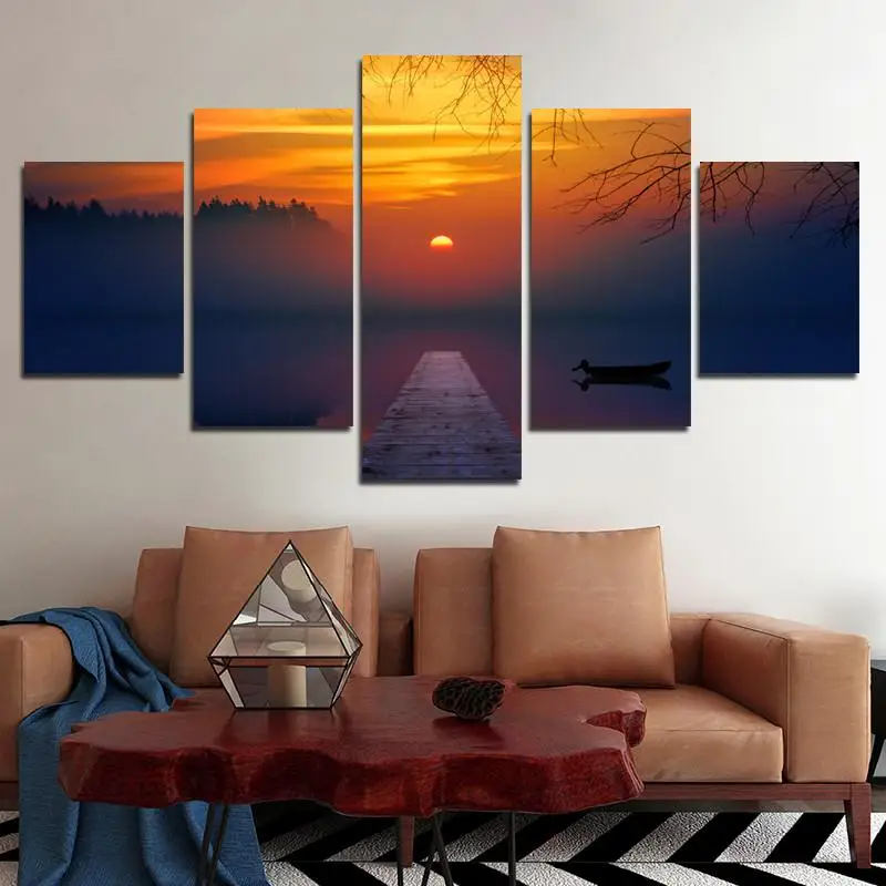 

Crimson Sunset And Forest Silhouette Quiet Lake Surface HD Photography Art Photo Canvas Material Waterproof Ink Printing Poster