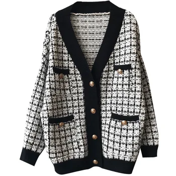 

New Elegant Knit Cardigan Women Korean Version of The Loose Retro Sweater Coat Black and White Womens Sweaters 2019 Winter