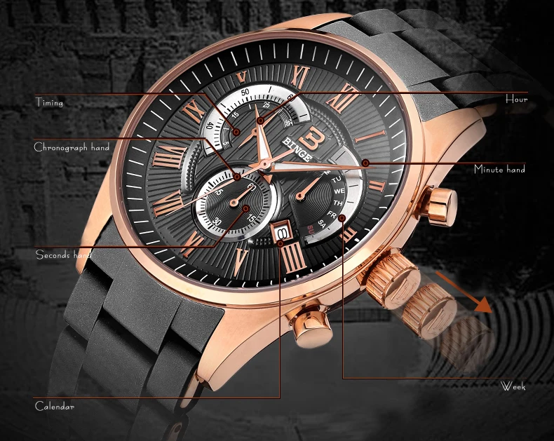 Швейцарские мужские часы люксовый бренд наручные часы Бингер кварцевые часы силиконовый ремешок хронограф часы Diver glowwatch BG-0407-6