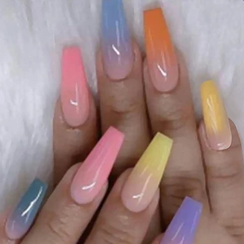 

Coffin False-Nails Rainbow Artificial Long 20pcs/Set European Ballerina Full Nail Art Tips Colorful Beauty False Nails with Glue