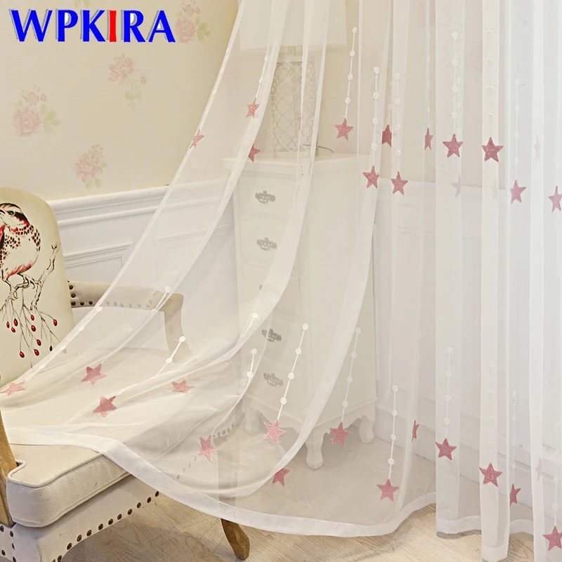 

Pink Embroidered Star Voile Curtain For Kid Girls Bedroom Sheer Curtain For Living room Kitchen Window Drapes Korean Tulle P3093