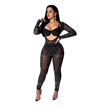 

See Through Diamonds Bodycon Long Jumpsuit Women 2019 Autumn Sexy Skinny Two Wear Way Open Back or Front Rompers Club Jumpsuits
