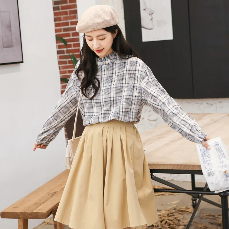 

COIGARSAM Preppy Style blouse women New Spring Vintage Plaid Full Sleeve Chiffon blusas womens tops and blouses M Blue, 617