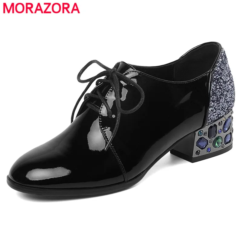 MORAZORA/Большие размеры 34-43; новые женские туфли-лодочки из натуральной воловьей кожи женские офисные туфли с круглым носком на высоком квадратном каблуке со стразами на шнуровке