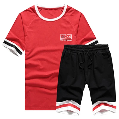 Футболка+ шорты, комплект из двух предметов, мужской повседневный летний костюм, мужские топы, шорты, одноцветные, 2 шт., костюмы, мужские спортивные, американский/Европейский размер, для бега, уличная одежда - Цвет: TZ40-Red Black
