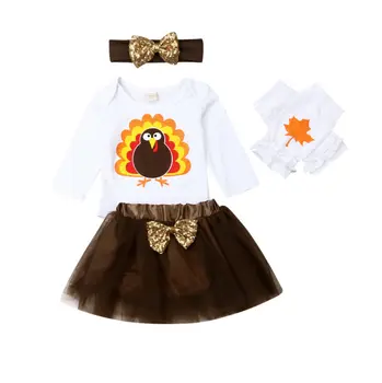

Pudcoco 4PCS/Set Toddler Newborn Baby Girls Thanksgiving Turkey Romper Long Sleeve Top +Party Tulle Skirt+Leg Warmers Outfit Set