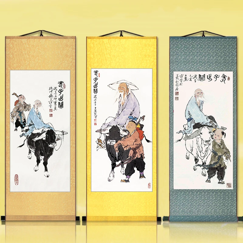 Taoism Laozi riding an ox изысканный шелковый свиток висячий рисунок | Дом и сад
