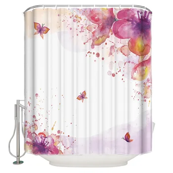 

Watercolor Pink Flower Bloom Butterfly Shower Curtain Waterproof and Mildewproof Polyester Fabric Bath Curtain Design