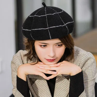 Стиль, Женский Зимний берет, вязаная шерстяная шапка, модная зимняя шапка в полоску, красиво украшенная, двойная тёплая шапка - Color: black
