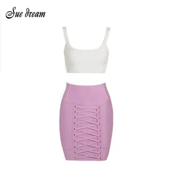 

2019 Winter New Women'S Bandage Two-Piece Suit Sexy White Spaghetti Top & Mini Pencil Skirt Celebrity Party Set