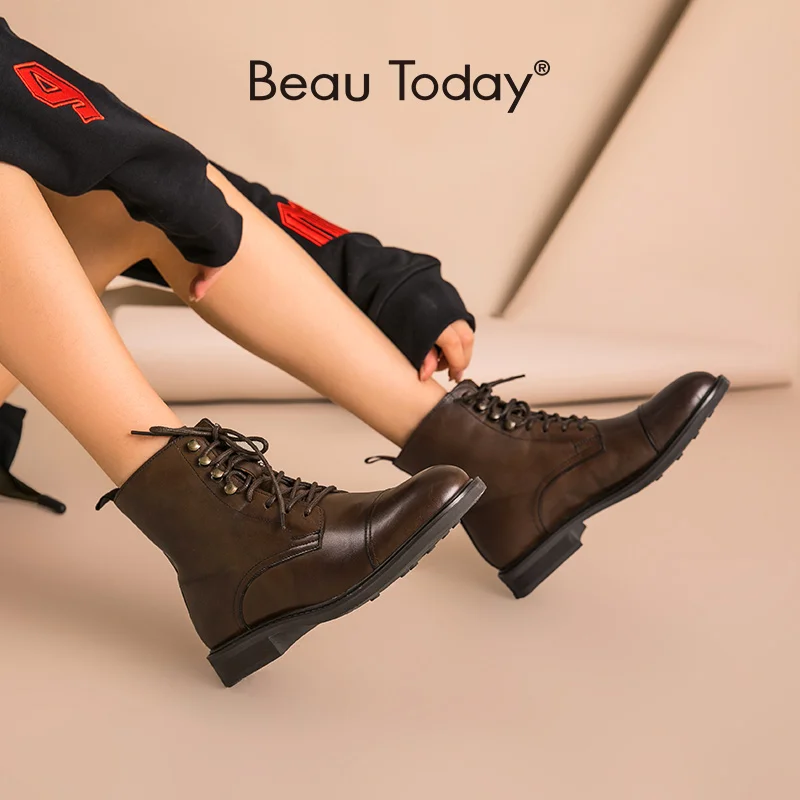 Ladies Shoes Ankle-Boots Women Round-Toe Autumn Genuine-Cow-Leather Winter Beautoday