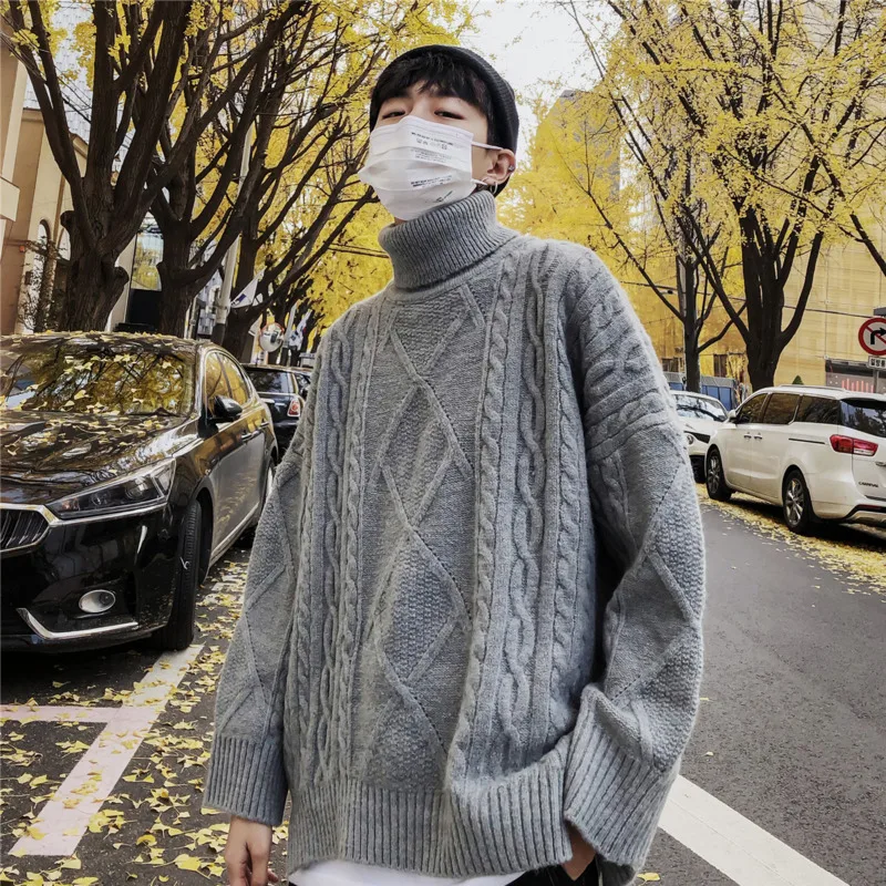 

Winter New High Collar Sweater Men Warm Fashion Solid Color Casual Knit Pullover Man Streetwear Loose Long Sleeve Sweater M-2XL