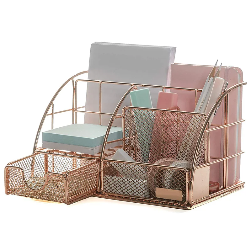 

Rose Gold Ladies Desktop Storage Box, Multi-Purpose Desktop Storage Box, with Pen Holder, Paper Storage Box and Desk Drawer Stor