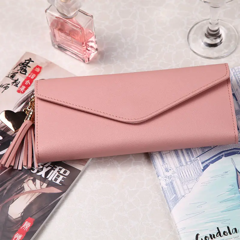 Длинный тип большой вместительный женский кожаный кошелек - Цвет: tassels Pink