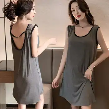 

2020 Womens Modal Nightgowns And Sleepshirts Sleepwear Cute Sleep Shirt Solid Night Dress Sleeveless Nightwear Backless Tops