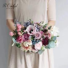 PEORCHID Искусственный Розовый Фиолетовый Свадебный букет роскошный романтический свадебный букет розы невесты ручной работы цветок украшение