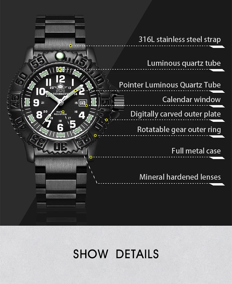 Addies Men's Military Watch Luminous Tube NATO Nylon Watch 50M Water proof Watch Stainless steel Sports Watch Men's Quartz Watch