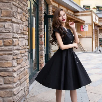 

Vintage Elegance 1950 Classic Black Slim Hepburn Style Dress Fashion Temperament Party Dress