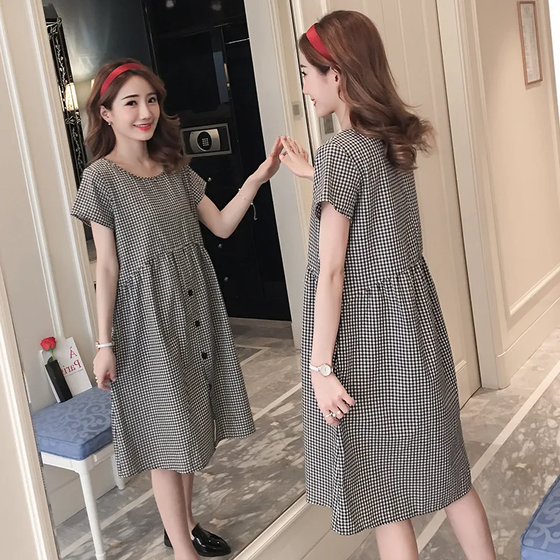

2020 Maternity Clothes Summer Cotton Linen Thousands of Birds Sub-Dress Crew Neck Loose-Fit Maternity Dress