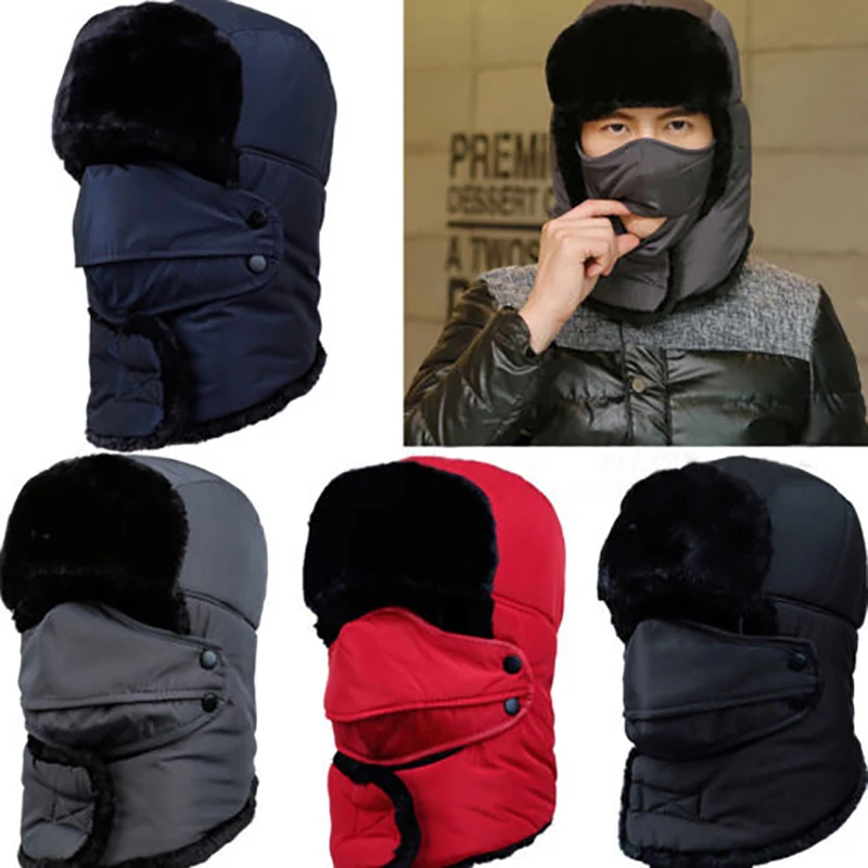Trapper Hat Waterproof Warm Snow Cap Sherpa Ski Cap Earmuffs Windproof Fur Winter Cossack Russian Sports with Mask